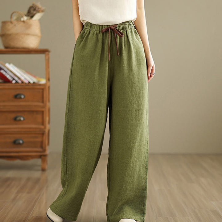 Buddha Stones Commute Retro Solid Color Women's Harem Drawstring Cotton Pants With Pockets - YellowGreen - US8-10,UK/AU12-14,EU40-42 (2XL) - image 1