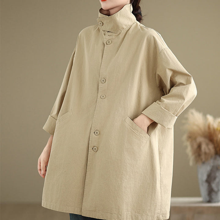 Buddha Stones Spring Plain Buttons Design Long Sleeve Women's Cotton Linen Jacket With Pockets - image 4