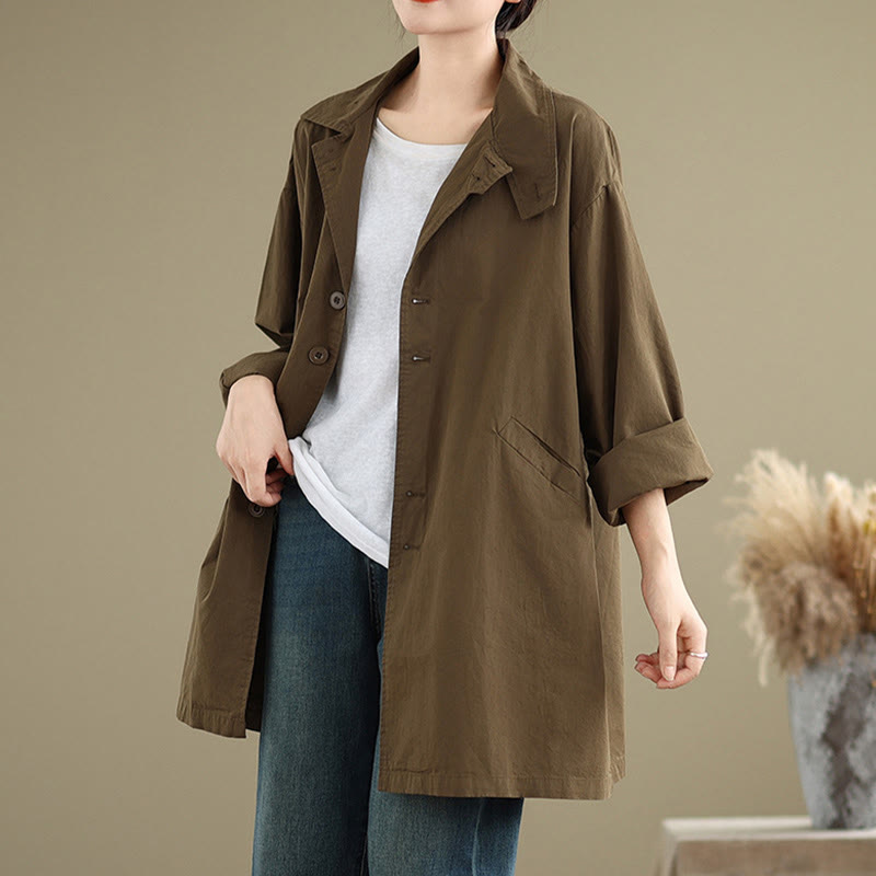 Buddha Stones Spring Plain Buttons Design Long Sleeve Women's Cotton Linen Jacket With Pockets - SaddleBrown - US12,UK/AU16,EU44 (XL) - image 17