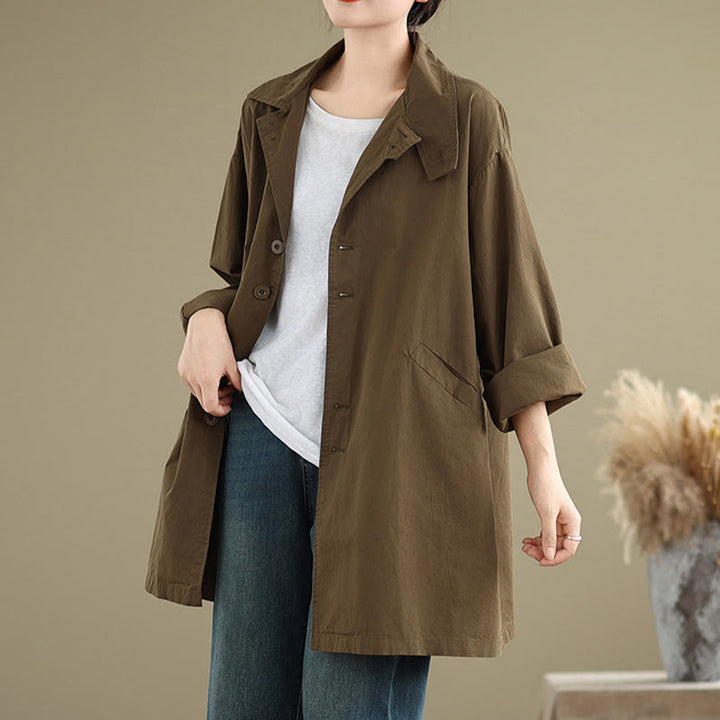 Buddha Stones Spring Plain Buttons Design Long Sleeve Women's Cotton Linen Jacket With Pockets - SaddleBrown - US12,UK/AU16,EU44 (XL) - image 17