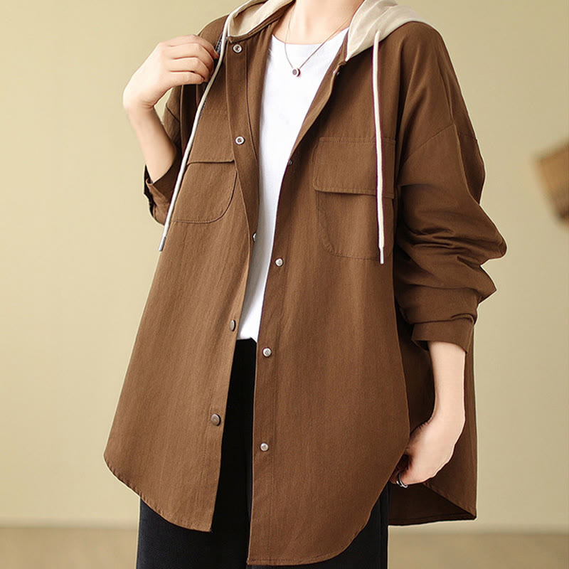 Buddha Stones Casual Commute Drawstring Hoodie Women's Cotton Linen Jacket With Pockets - SaddleBrown - US14,UK/AU18,EU46 (2XL) - image 1