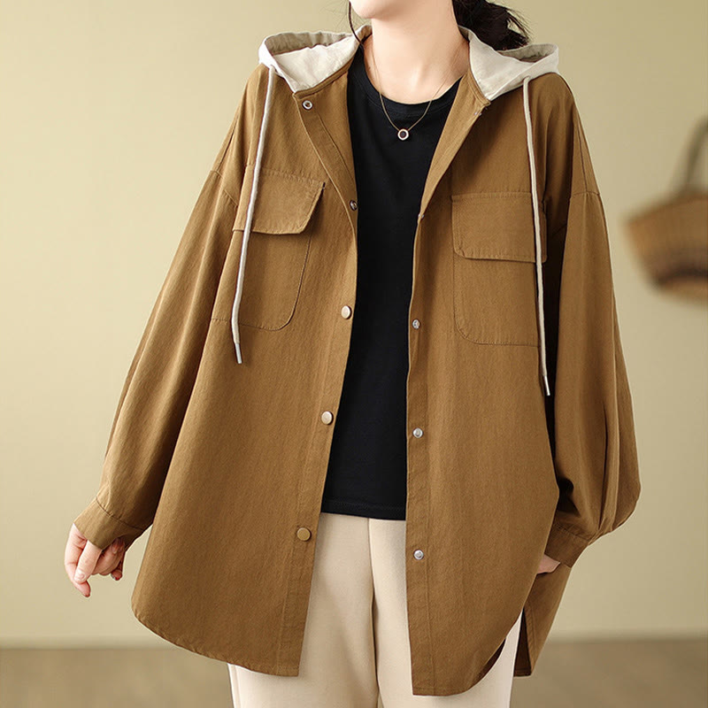 Buddha Stones Casual Commute Drawstring Hoodie Women's Cotton Linen Jacket With Pockets - image 11