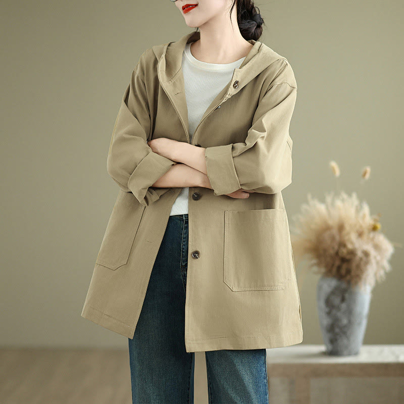 Buddha Stones Fall Vintage Hoodie Women's Cotton Linen Jacket With Front Pockets - PaleGoldenrod - US12,UK/AU16,EU44 (XL) - image 7