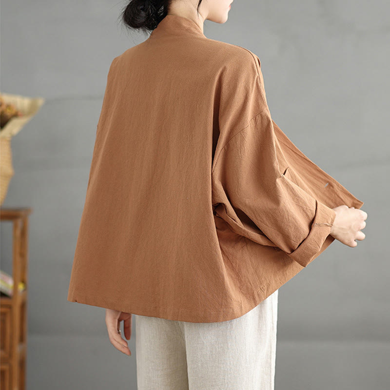 Buddha Stones Casual Vintage Plain Long Sleeve Open Front Cardigan Cotton Linen Jacket With Pockets - image 2