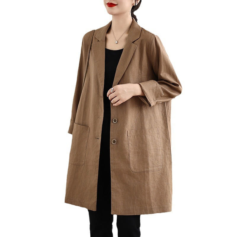 Buddha Stones Casual Fall Buttons Design Lapel Women's Cotton Linen Coat With Pockets - image 16