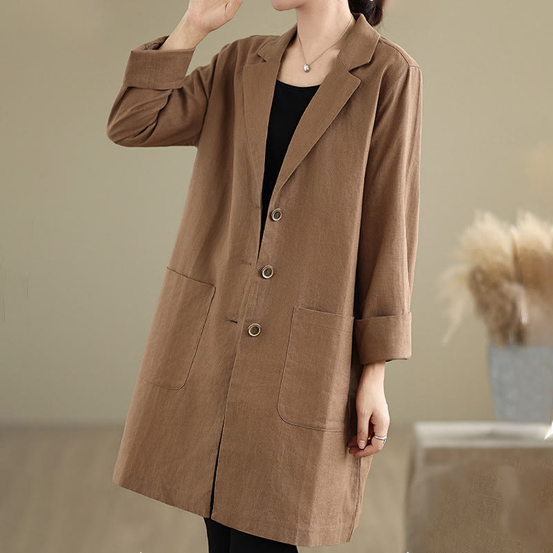 Buddha Stones Casual Fall Buttons Design Lapel Women's Cotton Linen Coat With Pockets - image 10