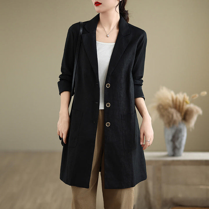 Buddha Stones Casual Fall Buttons Design Lapel Women's Cotton Linen Coat With Pockets - Black - US8-10,UK/AU12-14,EU40-42 (2XL) - image 1