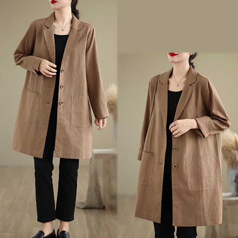 Buddha Stones Casual Fall Buttons Design Lapel Women's Cotton Linen Coat With Pockets - image 14