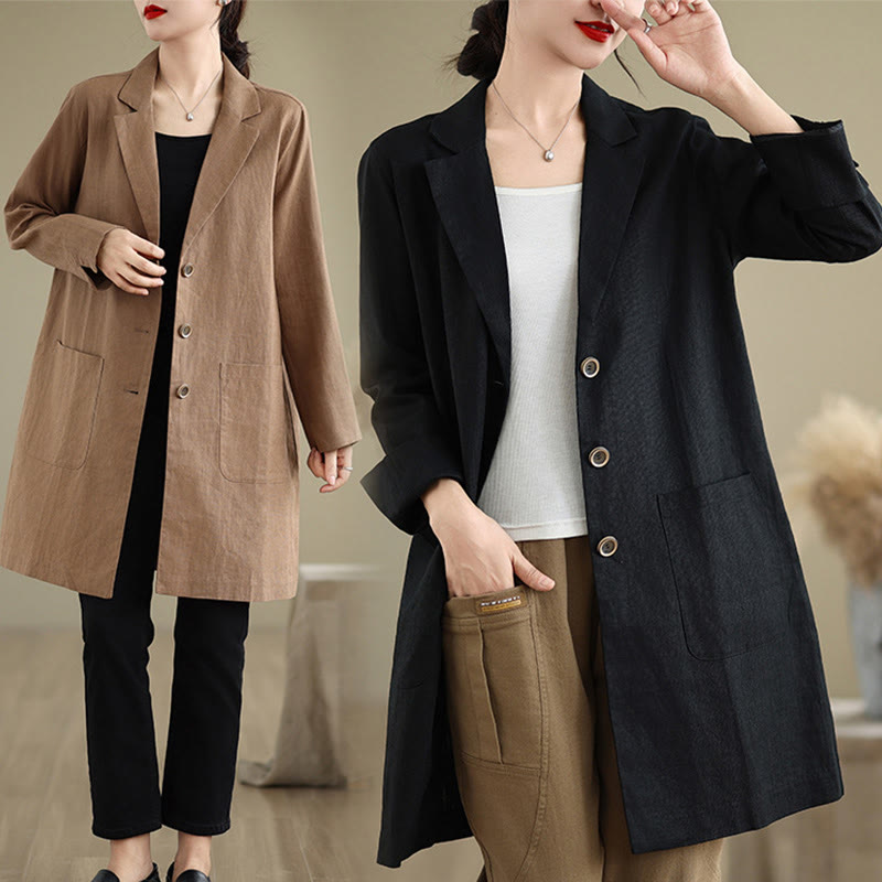 Buddha Stones Casual Fall Buttons Design Lapel Women's Cotton Linen Coat With Pockets - image 17