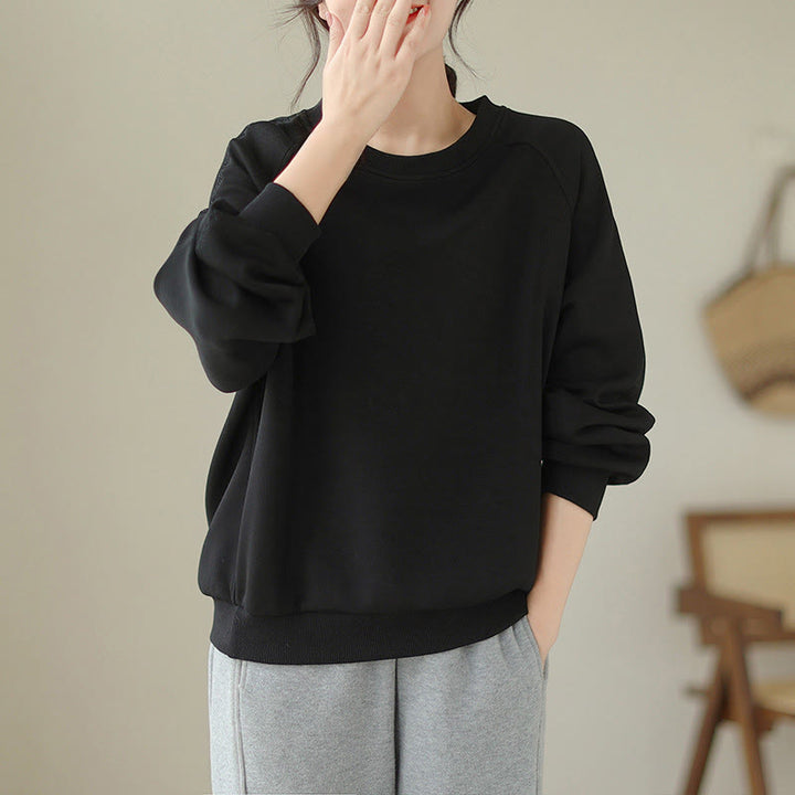 Buddha Stones Fall Plain Crew Neck Cotton Pullover Women's Sweatshirt  - Black - US14,UK/AU18,EU46 (2XL) - image 8