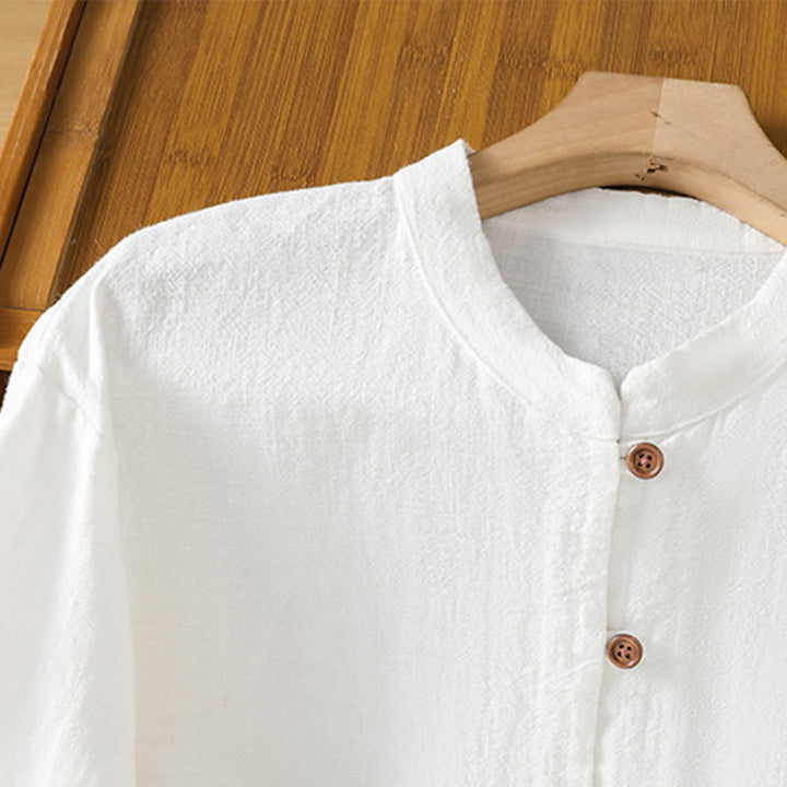 Buddha Stones Spring Solid Color Simple Hem Slit Design Cotton Linen Women's Shirt - image 13