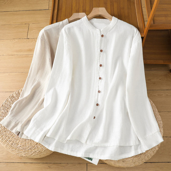 Buddha Stones Spring Solid Color Simple Hem Slit Design Cotton Linen Women's Shirt - image 22