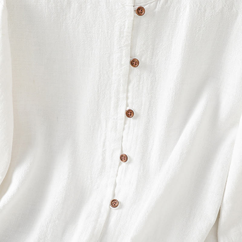 Buddha Stones Spring Solid Color Simple Hem Slit Design Cotton Linen Women's Shirt - image 15