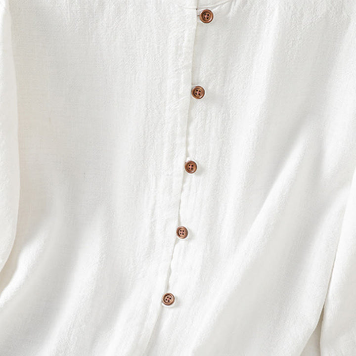 Buddha Stones Spring Solid Color Simple Hem Slit Design Cotton Linen Women's Shirt - image 15