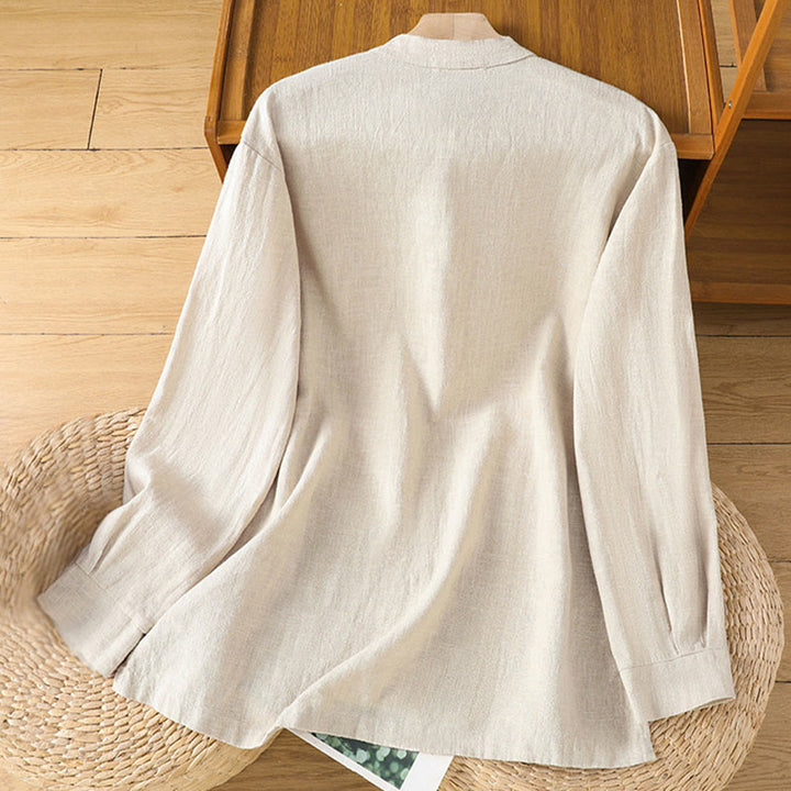 Buddha Stones Spring Solid Color Simple Hem Slit Design Cotton Linen Women's Shirt - image 2