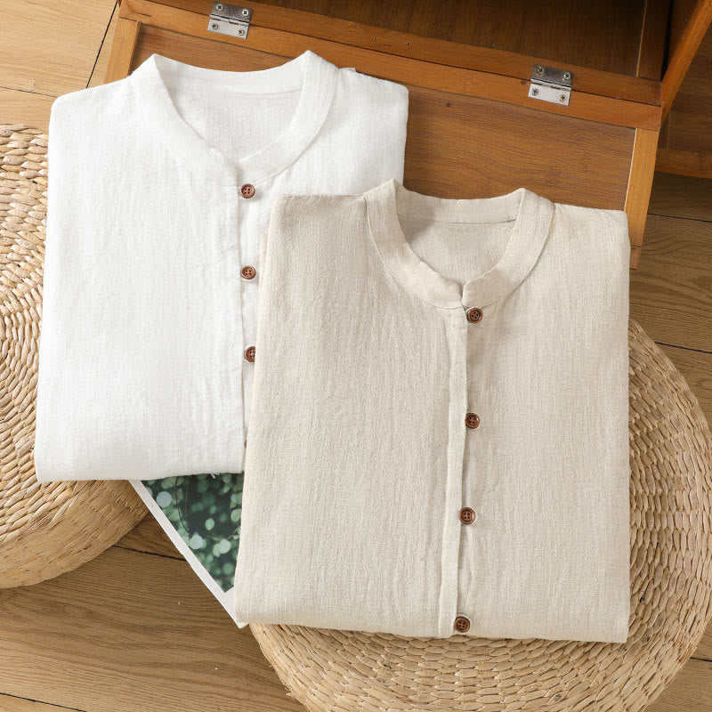 Buddha Stones Spring Solid Color Simple Hem Slit Design Cotton Linen Women's Shirt - image 23