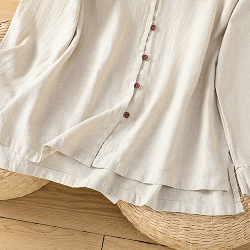 Buddha Stones Spring Solid Color Simple Hem Slit Design Cotton Linen Women's Shirt - image 7