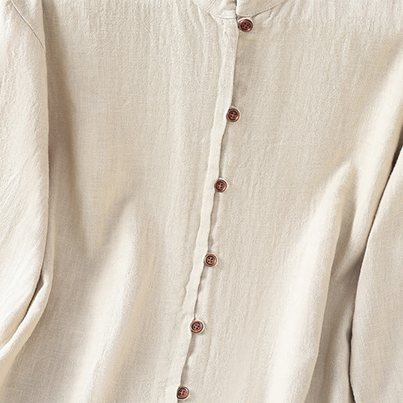 Buddha Stones Spring Solid Color Simple Hem Slit Design Cotton Linen Women's Shirt - image 5