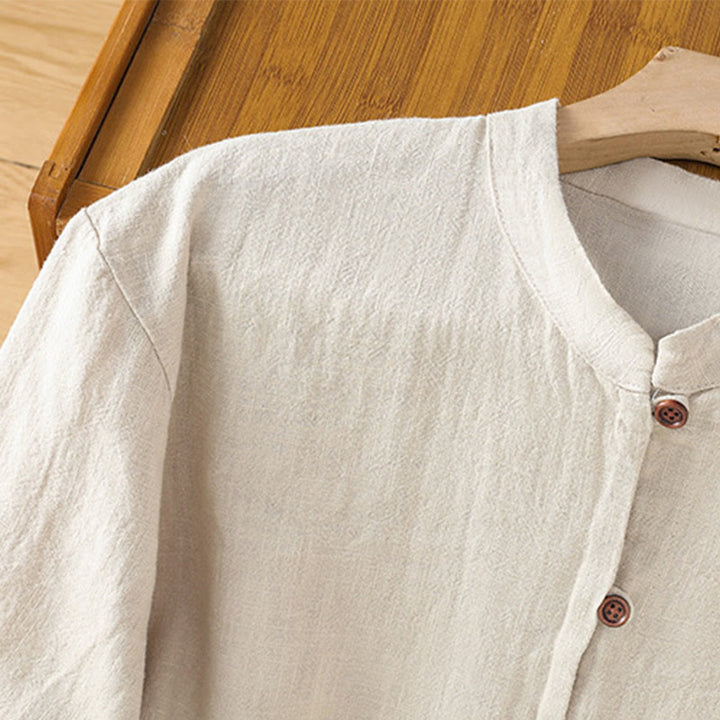 Buddha Stones Spring Solid Color Simple Hem Slit Design Cotton Linen Women's Shirt - image 6