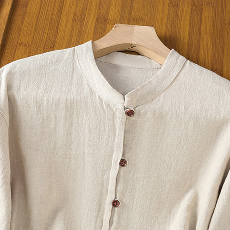 Buddha Stones Spring Solid Color Simple Hem Slit Design Cotton Linen Women's Shirt - image 3