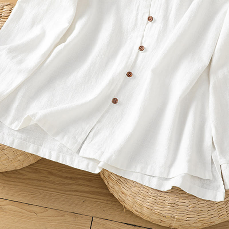 Buddha Stones Spring Solid Color Simple Hem Slit Design Cotton Linen Women's Shirt - image 18