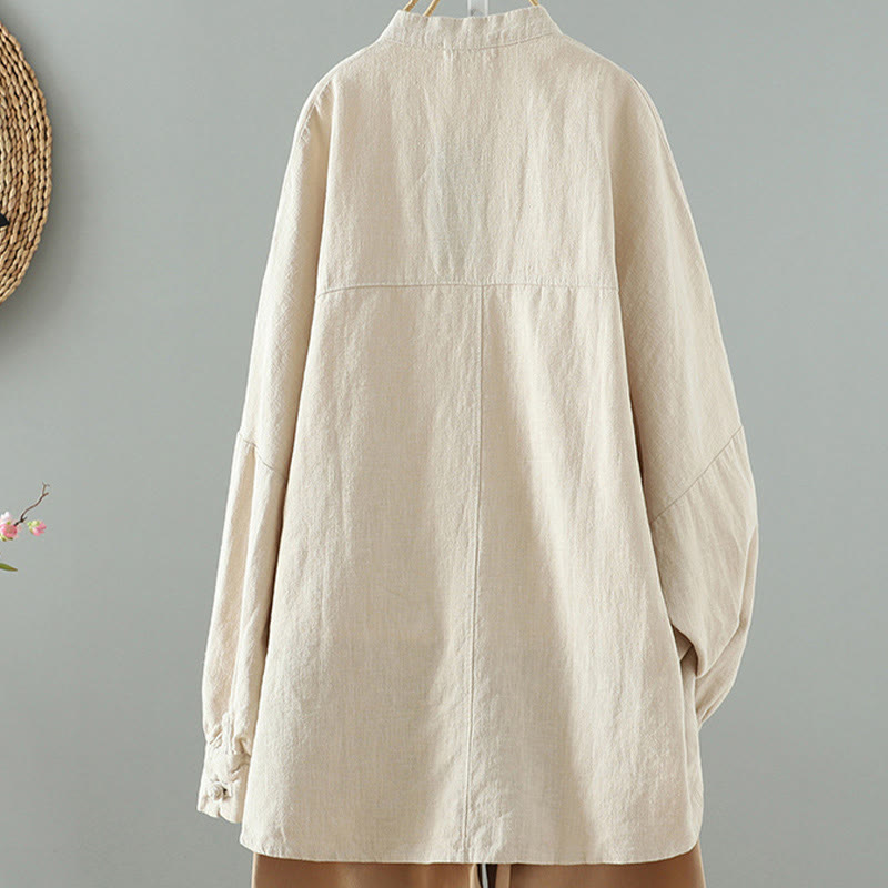 Buddha Stones Women's Solid Color Simple Chinese Frog-Button Design Cotton Linen Shirt - image 2