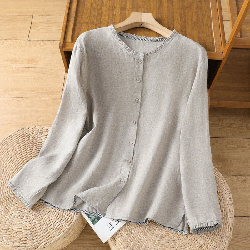 Buddha Stones Spring Solid Color Buttons Design Ruffled Crew Neck Women's Cotton Linen Shirt - Silver - US14,UK/AU18,EU46 (2XL) - image 6