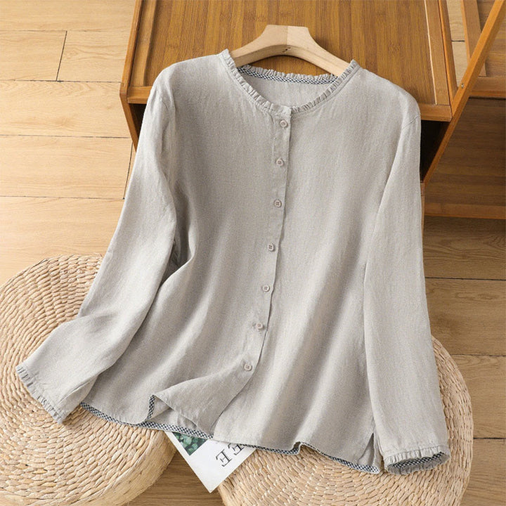 Buddha Stones Spring Solid Color Buttons Design Ruffled Crew Neck Women's Cotton Linen Shirt - Silver - US14,UK/AU18,EU46 (2XL) - image 6