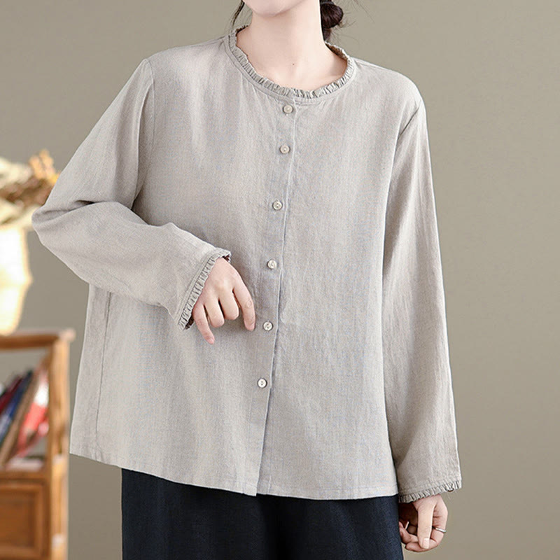 Buddha Stones Spring Solid Color Buttons Design Ruffled Crew Neck Women's Cotton Linen Shirt - image 9