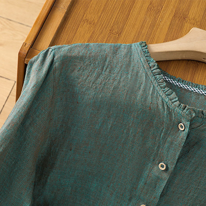 Buddha Stones Spring Solid Color Buttons Design Ruffled Crew Neck Women's Cotton Linen Shirt - image 3