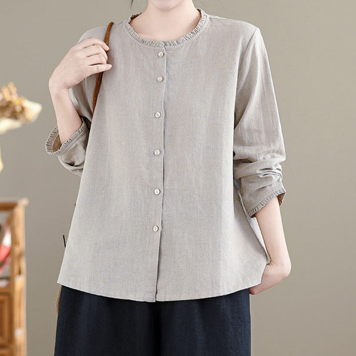 Buddha Stones Spring Solid Color Buttons Design Ruffled Crew Neck Women's Cotton Linen Shirt - image 13