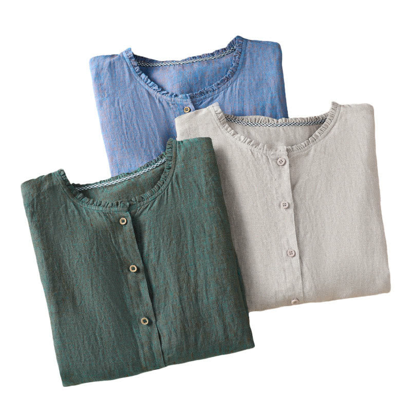 Buddha Stones Spring Solid Color Buttons Design Ruffled Crew Neck Women's Cotton Linen Shirt - image 22