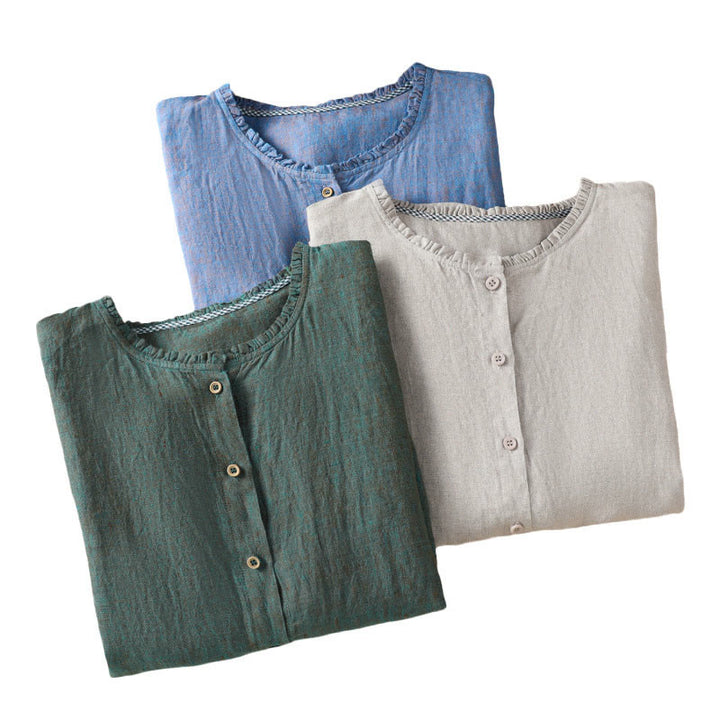 Buddha Stones Spring Solid Color Buttons Design Ruffled Crew Neck Women's Cotton Linen Shirt - image 22
