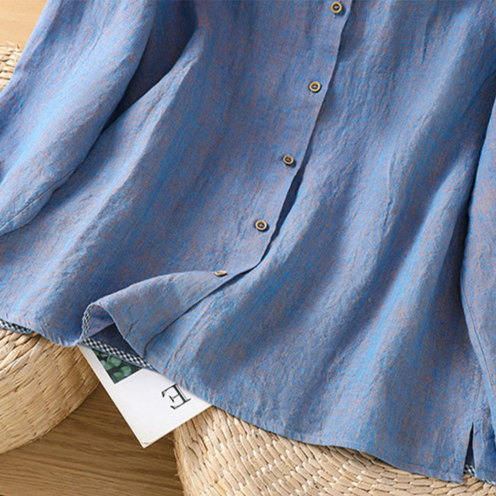 Buddha Stones Spring Solid Color Buttons Design Ruffled Crew Neck Women's Cotton Linen Shirt - image 19