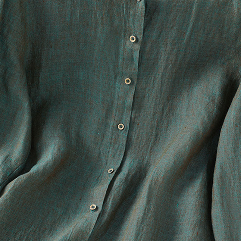 Buddha Stones Spring Solid Color Buttons Design Ruffled Crew Neck Women's Cotton Linen Shirt - image 4