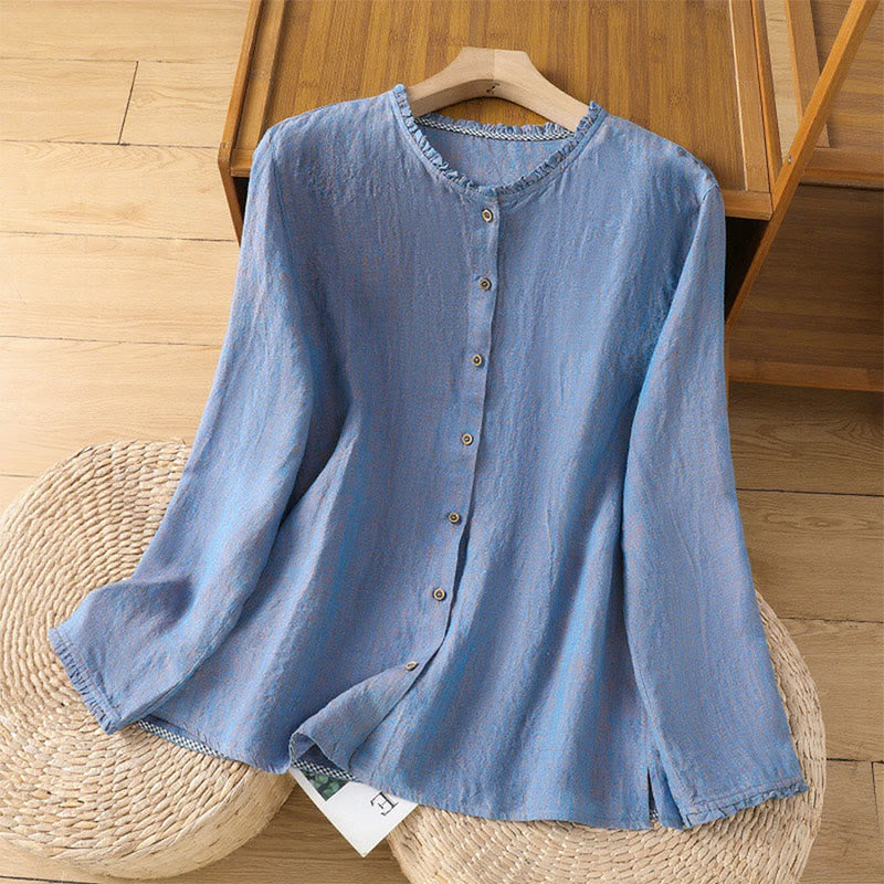 Buddha Stones Spring Solid Color Buttons Design Ruffled Crew Neck Women's Cotton Linen Shirt - CornflowerBlue - US14,UK/AU18,EU46 (2XL) - image 17