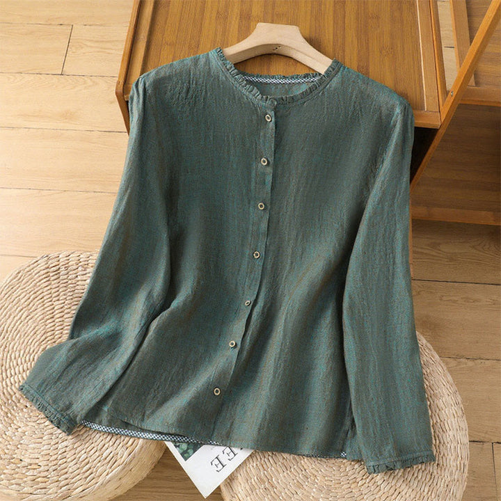 Buddha Stones Spring Solid Color Buttons Design Ruffled Crew Neck Women's Cotton Linen Shirt - SeaGreen - US14,UK/AU18,EU46 (2XL) - image 1