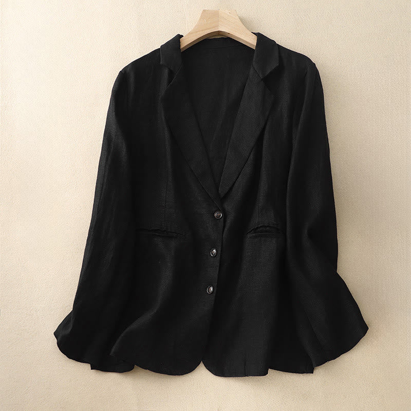 Buddha Stones Commute Retro Pure Color Lapel Cotton Linen Women's Jacket With Pockets - Black - US14,UK/AU18,EU46 (2XL) - image 5