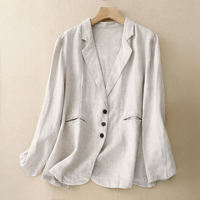 Buddha Stones Commute Retro Pure Color Lapel Cotton Linen Women's Jacket With Pockets - FloralWhite - US14,UK/AU18,EU46 (2XL) - image 8