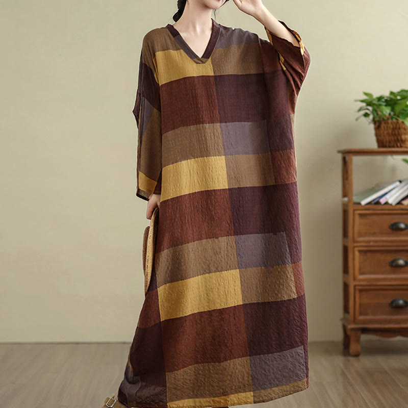 Buddha Stones Spliced Plaid Pattern Cotton Linen Women's Maxi Dress With Pockets - image 5