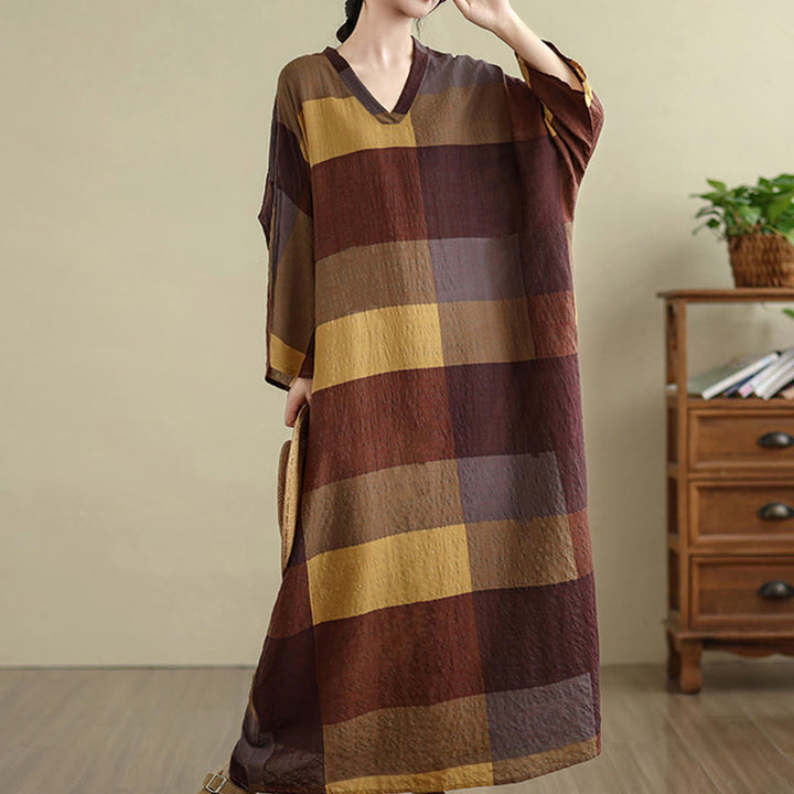 Buddha Stones Spliced Plaid Pattern Cotton Linen Women's Maxi Dress With Pockets - image 5