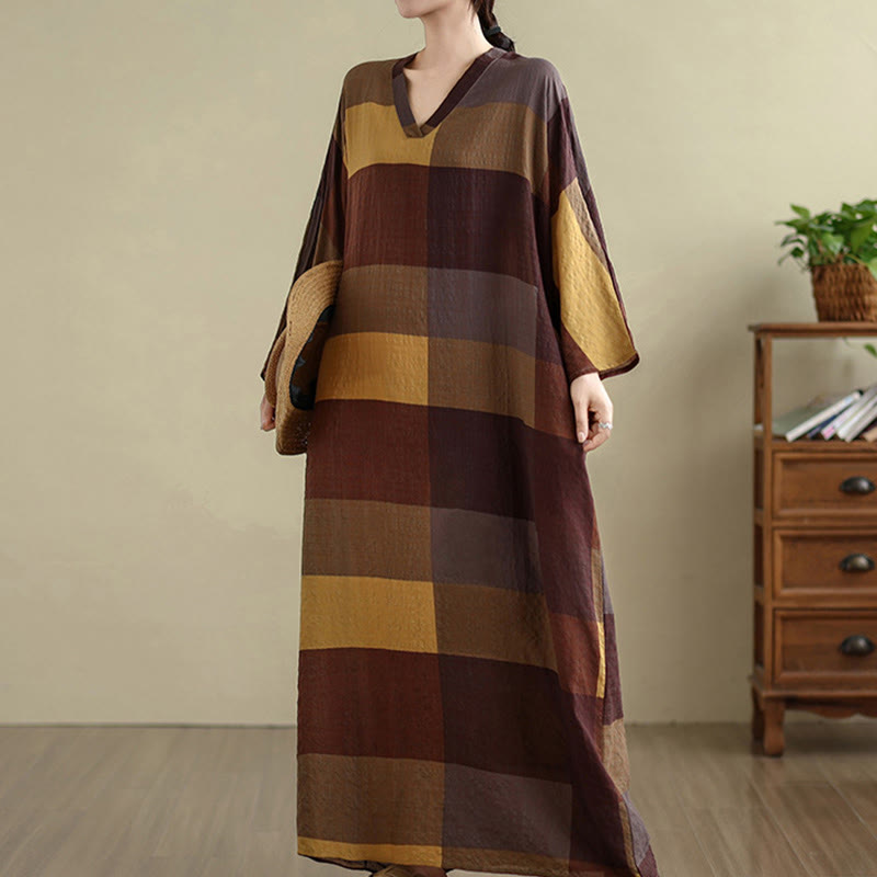 Buddha Stones Spliced Plaid Pattern Cotton Linen Women's Maxi Dress With Pockets - image 4