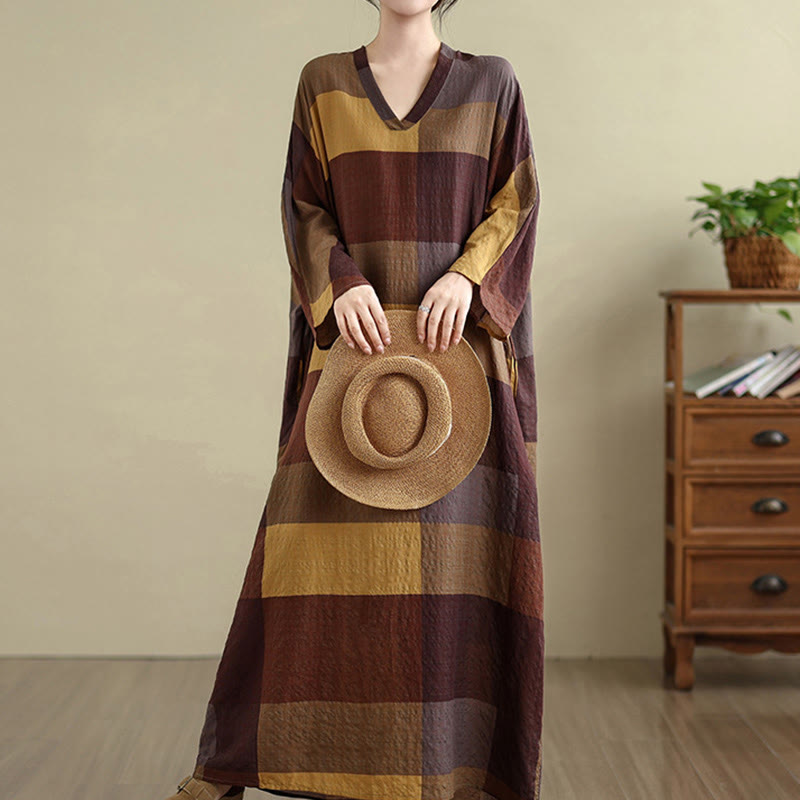 Buddha Stones Spliced Plaid Pattern Cotton Linen Women's Maxi Dress With Pockets - SaddleBrown - US4-12,UK/AU8-16,EU36-44 (F) - image 1