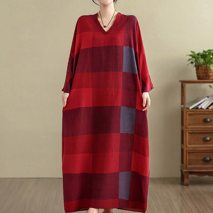 Buddha Stones Spliced Plaid Pattern Cotton Linen Women's Maxi Dress With Pockets - image 8