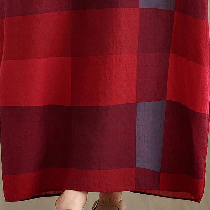 Buddha Stones Spliced Plaid Pattern Cotton Linen Women's Maxi Dress With Pockets - image 10
