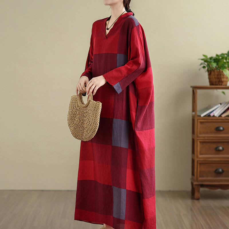 Buddha Stones Spliced Plaid Pattern Cotton Linen Women's Maxi Dress With Pockets - image 11