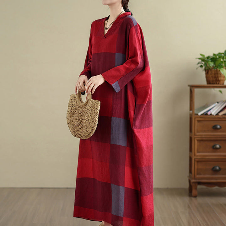 Buddha Stones Spliced Plaid Pattern Cotton Linen Women's Maxi Dress With Pockets - image 11