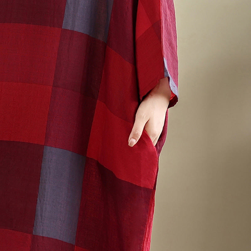 Buddha Stones Spliced Plaid Pattern Cotton Linen Women's Maxi Dress With Pockets - image 14