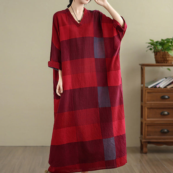 Buddha Stones Spliced Plaid Pattern Cotton Linen Women's Maxi Dress With Pockets - image 13