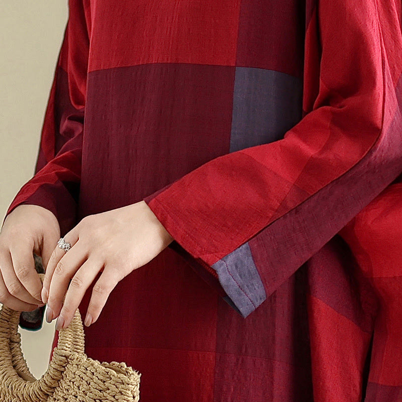 Buddha Stones Spliced Plaid Pattern Cotton Linen Women's Maxi Dress With Pockets - image 16